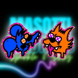 May include: A blue and orange cartoon illustration of two animals with dripping paint. The blue animal has a large ear and a long snout. The orange animal has a pointed snout and a long tail. Both animals have large, black eyes with white pupils.
