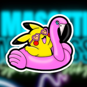 Pikachu Pool Float Sticker | Summer Vibes Vinyl Sticker | Pokémon Fan Art with Flamingo Floaty