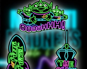 Neon Toy Story Sticker Pack | Pizza Planet Rocket, The Claw & Alien Trio Vinyl Stickers | Pixar Fan Art (1 - 3 pcs)