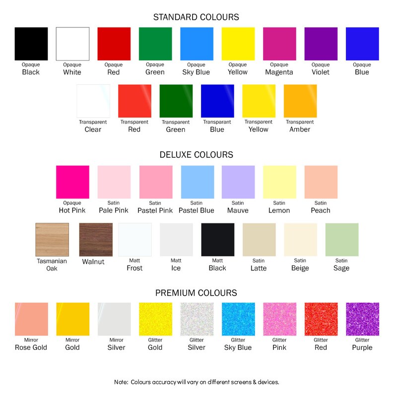 May include: A chart showing different color options for a product. The colors are organized into three categories: Standard Colors, Deluxe Colors, and Premium Colors. Each color is represented by a square with a text label describing the color name and finish.