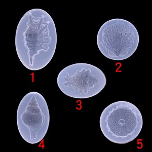 May include: Five clear silicone moulds for resin casting, each featuring a different seashell design. The moulds are numbered 1 through 5.