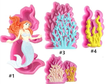 Decoración de molde de silicona de sirena de pasto marino de coral para herramientas de horneado de pasteles de chocolate
