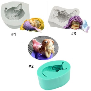 May include: Three silicone moulds for making mermaid figurines. The moulds are in different shapes and sizes. The first mould is a sleeping mermaid with a purple tail. The second mould is a mermaid lying on her side with a pink tail. The third mould is a mermaid with a blue tail.