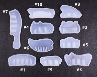 May include: Ten silicone molds for making resin combs. The molds are in various shapes, including a cat, a fish, and a simple rectangle. Each mold is numbered 1 through 10.