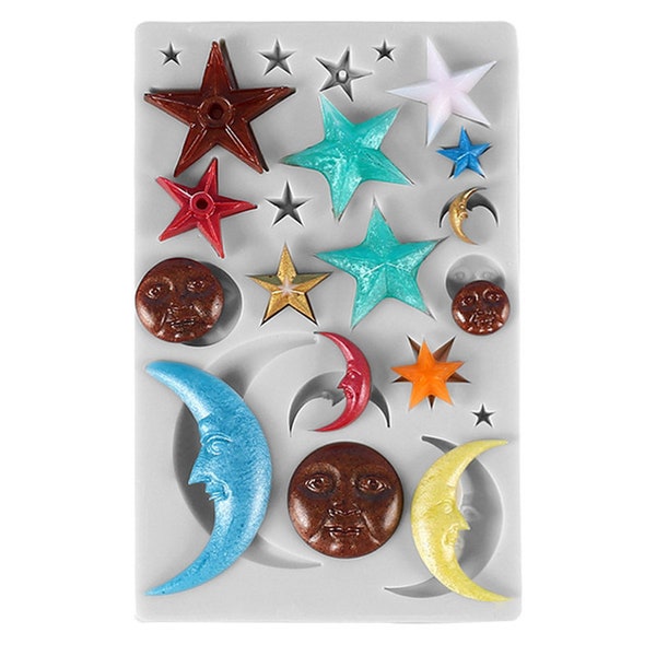 Silicone Mould for Star Moon Face and Border Chocolate Fondant Cake Decoration Baking Clay Mould