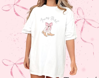 Camiseta Texas Girl, botas de caubói Coquette com laço rosa