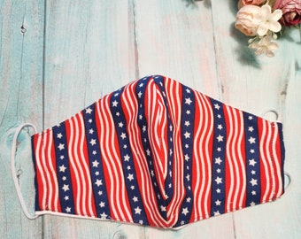 American face mask, Washable face mask adults, Patriotic face mask, Reusable face mask, Filter pocket mouth covering, Face mask stars flag