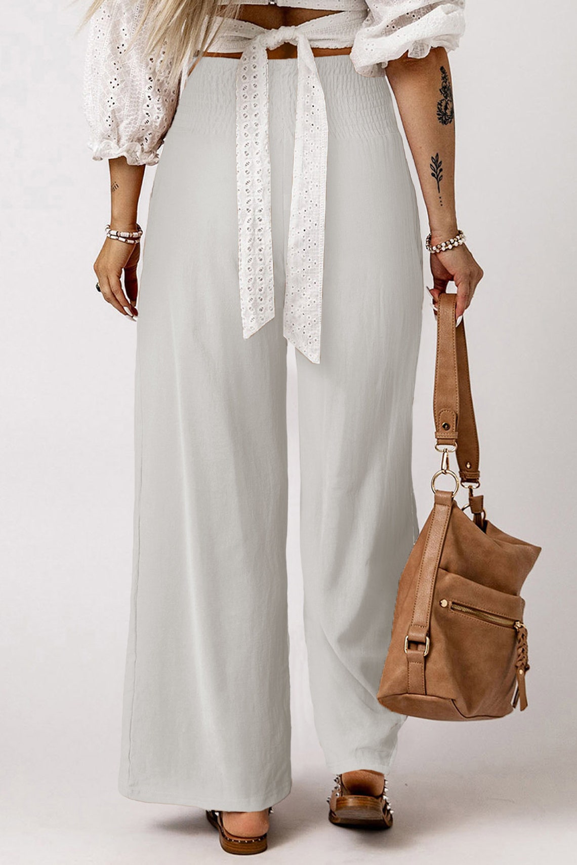 Double Take Full Size Smocked Wide Waistband Wide Leg Pants