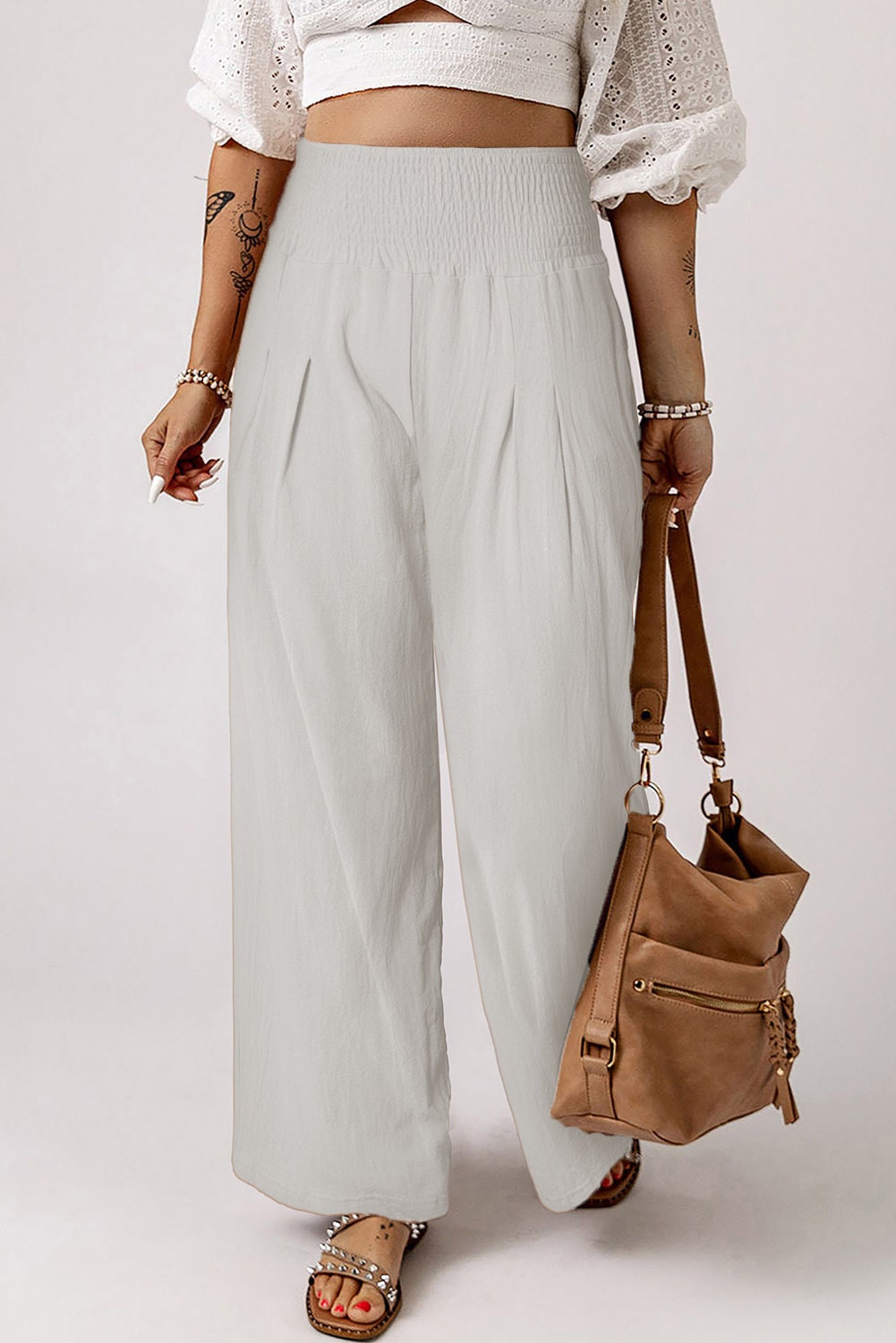 Washed Satin Wide Pants With Waist Smocked main image 0