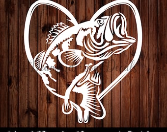 May include: White vinyl decal of a bass fish inside a heart shape. The decal is for outdoor use.