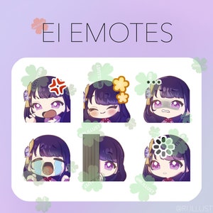 May include: Six digital art emotes featuring a character with purple hair and eyes. Each emote expresses a different emotion, including anger, happiness, sadness, and surprise. The text "EI EMOTES" is at the top.