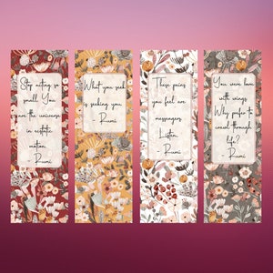 May include: Four floral bookmark designs with inspirational quotes by Rumi. Each bookmark features a different floral pattern in shades of red, yellow, and gray.