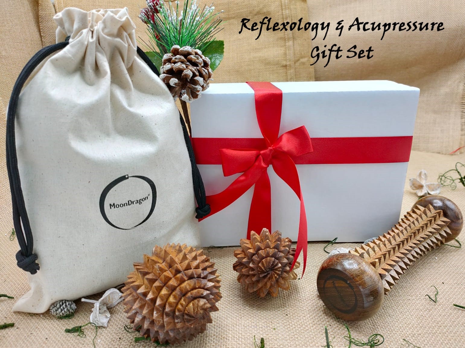 Wooden Reflexology Gift Set | MoonDragon Foot Massage Roller and Spiky Massage Balls - Body Massager and Stress Relief Kit