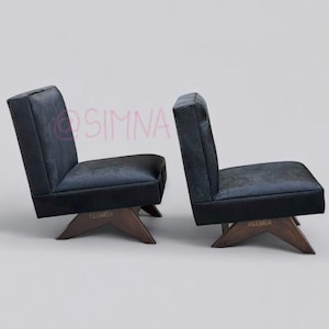 Set of Two Pierre Jeanneret limited re-edition sofaChairs slipper chairs,with black leather hair Upholstery & Antique age finish with number