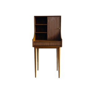 May include: A mid-century modern style wooden cabinet with a slatted door and three shelves. The cabinet stands on four slender legs and has a dark brown finish.