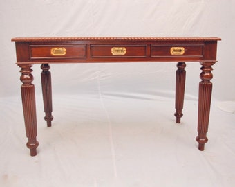 Large Solid Teak colonial writing table/desk handcrafted in India with brass handles