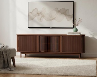 Mid Century Modern Slatted Teak Wood TV Console | Handmade Media Storage Cabinet