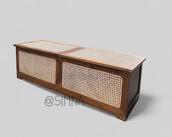 Solid Teak Rattan Trunk, Pierre Jeanneret Inspired Chest