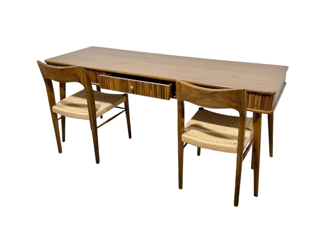 Tabletop Backside Large Size Midcentury Round Edges Writing Table,desk With Three Fluted ...