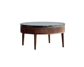 Solid teak midcentury round fluted coffee table,centre table handcrafted in India