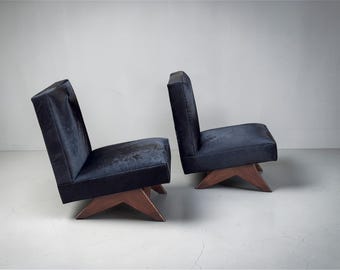Mid-Century Modern Black hair on Leather Slipper Chair, Solid Teak Base, Antique age Finish