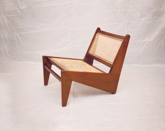 Mid-Century Kangaroo Chair: Handcrafted Teak & Cane, Jeanneret Inspired