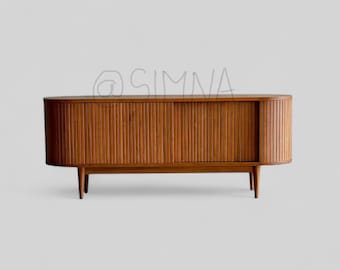 Mueble de TV de teca maciza de mediados de siglo, diseño acanalado, hecho a mano en la India.