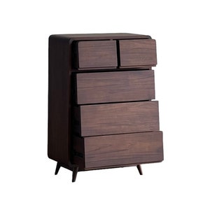 May include: A dark brown wooden chest of drawers with five drawers and rounded edges. The drawers have a wood grain pattern and are slightly open.