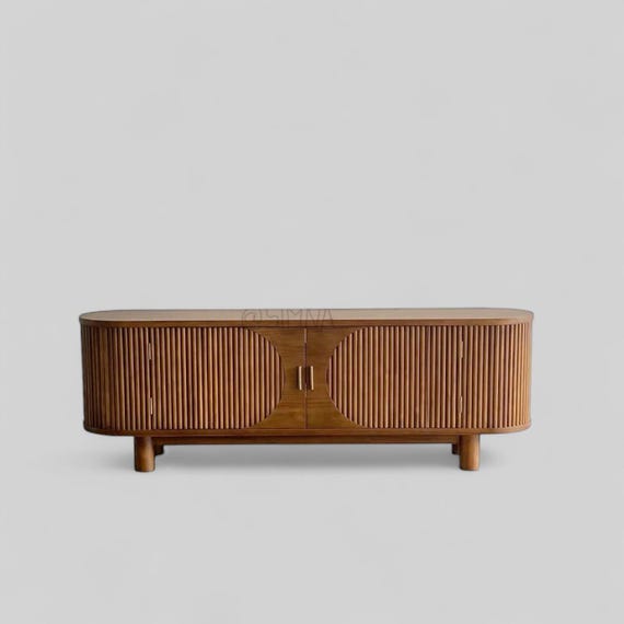 Mid Century Teak Media Console | Fluted Door TV Stand | Handmade Solid Wood Credenza Sideboard