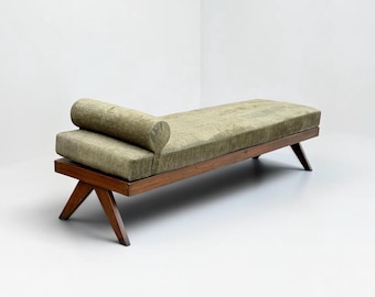 Pierre Jeanneret Style Daybed, Mid Century Modern Solid Teak Bench with Bolster Cushion,in Antique age finish with number marking