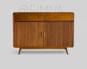 Solid teak Mid century fluted doors storage cabinet,shoe rack handcrafted in India