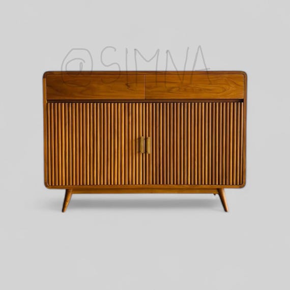 Mid Century Teak Fluted Cabinet | Solid Wood Shoe Storage Console | Handmade Entryway Sideboard with Doors