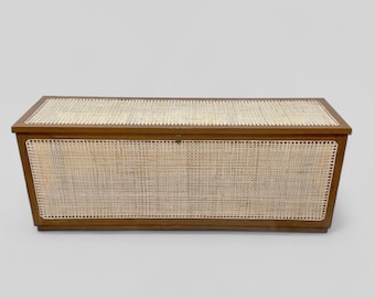 Large Solid Teak Trunk, Hand Woven Rattan Chest, Pierre Jeanneret Style