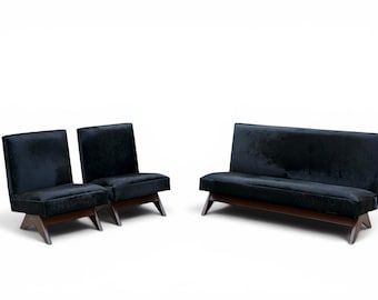 Mid-Century Modern Black hair on Leather Slipper sofa, Solid Teak Base, Antique age Finish with Number writing