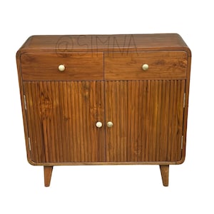 Mid-Century-skåp i massiv teak: Räfflade dörrar, böjd kant