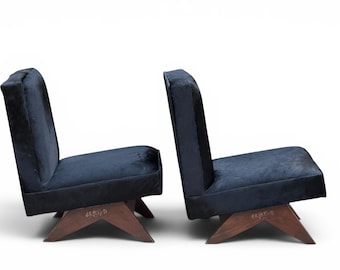 Set of Two Pierre Jeanneret Slipper Chairs, Black Hair-on Leather, Antique Finish