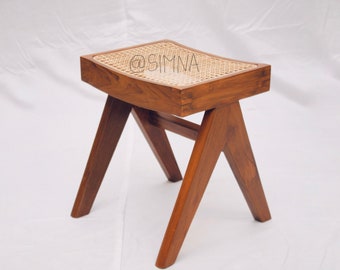 Teak cane stool high quality Pierre jeanneret handmade in india