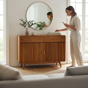 Mid Century Teak Fluted Cabinet | Solid Wood Shoe Sideboard Console image 7
