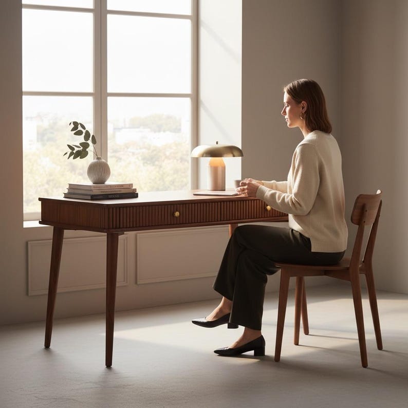 Round Writing Table Midcentury Round Edges Writing Table,desk With Fluted Drawer Front ...