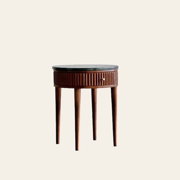 Solid teak midcentury round fluted nightstand,side table handcrafted in India