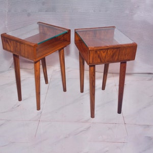 Pair of Mid-century Solid teak nightstand,side table with glass top handcrafted in India