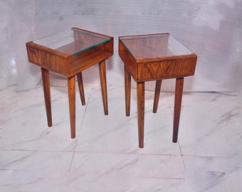 Pair of Mid-century Solid teak nightstand,side table with glass top handcrafted in India