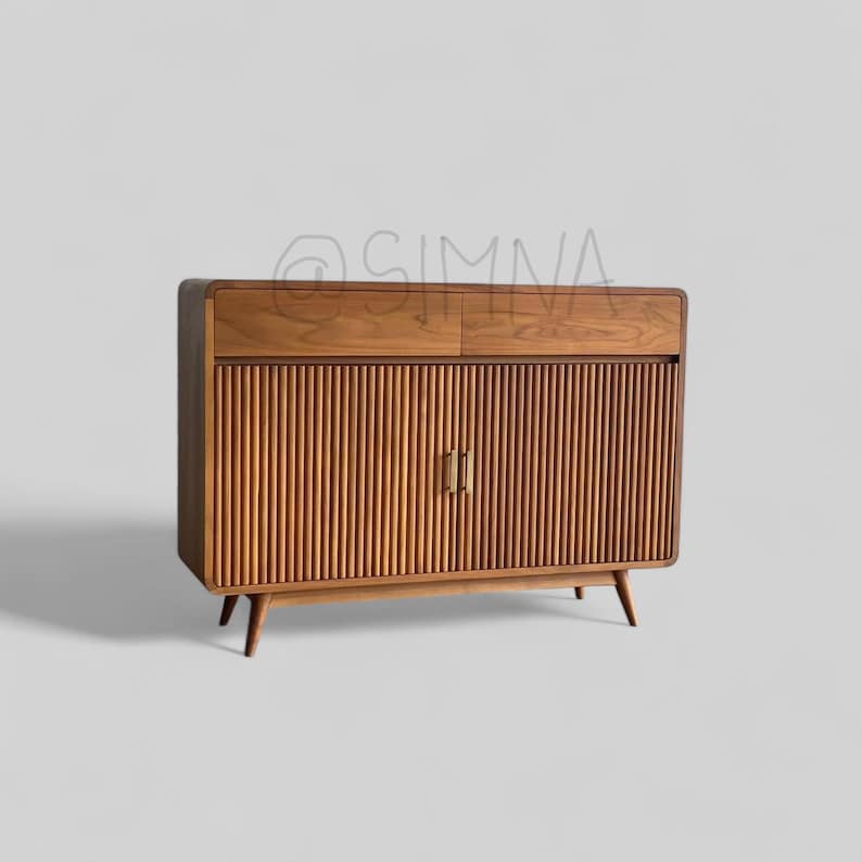 Mid Century Teak Fluted Cabinet | Solid Wood Shoe Sideboard Console image 2