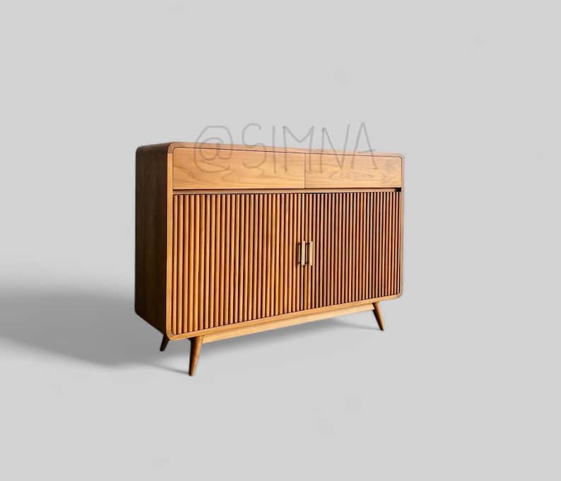 Mid Century Teak Fluted Cabinet | Solid Wood Shoe Sideboard Console image 3
