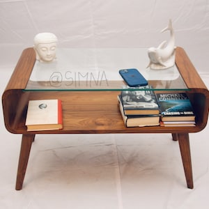 Solid Teak mid-century coffee table with glass top Handcrafted in india