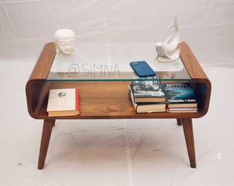 Solid Teak mid-century coffee table with glass top Handcrafted in india