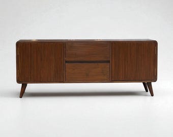 Midcentury Teak media cansole: Fluted Door Credenza, Handcrafted In India