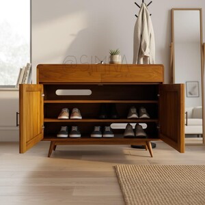 Mid Century Teak Fluted Cabinet | Solid Wood Shoe Sideboard Console image 8