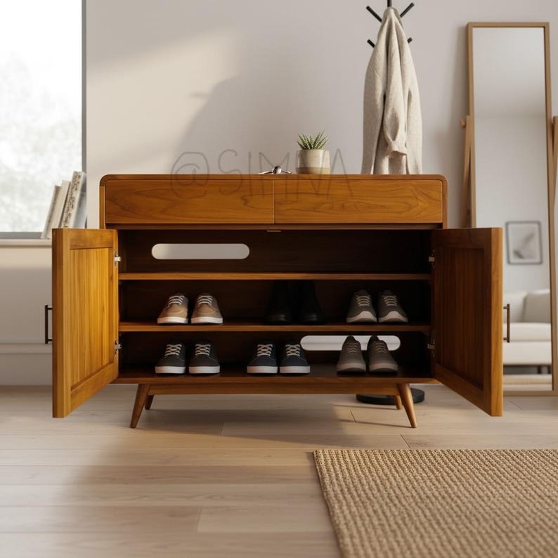 Mid Century Teak Fluted Cabinet | Solid Wood Shoe Sideboard Console image 8