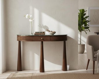 Solid teak midcentury with marble half moon shaped fluted entryway cansole